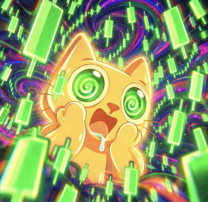A digital illustration features an orange cat with large green swirly eyes, looking hypnotized and drooling, surrounded by floating green candlestick charts against a vibrant, swirling cosmic background.