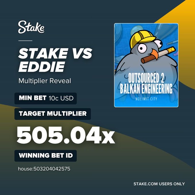 A Stake.com promotional graphic for the "Stake vs Eddie" challenge featuring Nolimit City's "Outsourced 2 Balkan Engineering" game, displaying a minimum bet of 10¢ USD and a target multiplier of 505.04x, with winning bet ID house:503204042575, available to Stake.com users only.