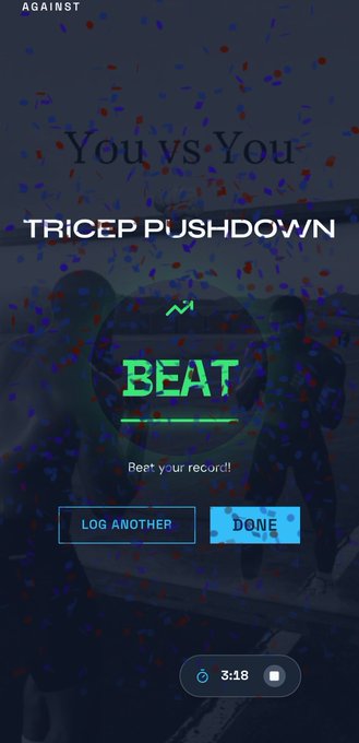 A fitness app screenshot showing a completed "Tricep Pushdown" workout with a green "BEAT" badge, confetti animation, and buttons to "Log Another" or "Done," with a timer showing 3:18.