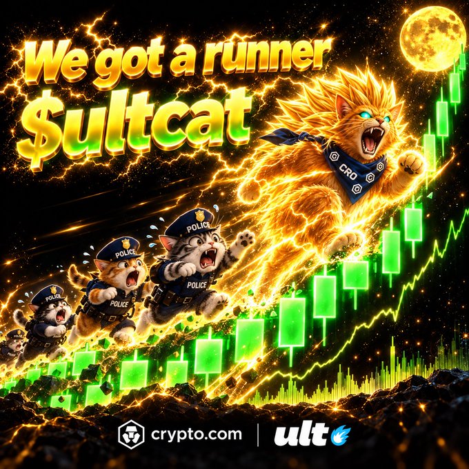 An energetic digital illustration with the text 'We got a runner $ultcat' showing an orange cat with a CRO bandana flying upward amid green crypto candlestick charts, chased by police cats, with logos for crypto.com and ULT.
