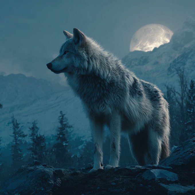 A photorealistic rendering of a gray wolf standing on a rocky cliff at night, with snow-capped mountains and a large full moon in the background.