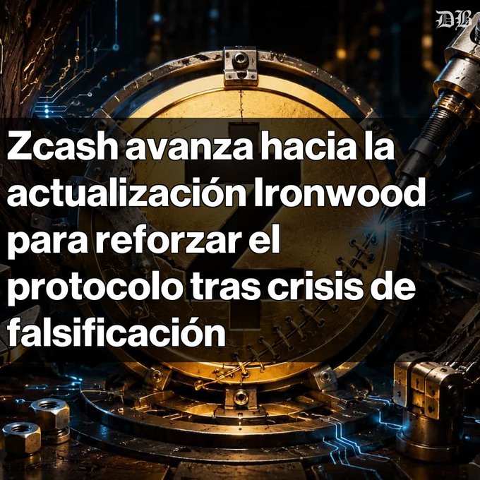 A Spanish-language news headline reading 'Zcash avanza hacia la actualización Ironwood para reforzar el protocolo tras crisis de falsificación' overlaid on a golden vault-like image with the Zcash 'Z' logo.