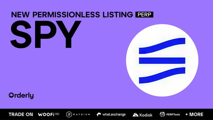 The image features a purple background with white text that reads "New Permissionless Listing SPY" at the top, followed by a blue circle containing the word "SPY", and then a list of logos for various companies such as "Orderly", "Woofi", "Kodak", "Perpetual", and "More". The image also includes a caption that reads "Another day, another RWA listing SPY is live on Orderly perp DEXs Long or short $SPY with up to 20x leverage Orderly is the easiest infrastructure to: 1. Launch a perp DEX 2. List any perp market permissionlessly".