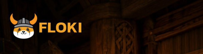 A promotional banner for FLOKI cryptocurrency featuring the Shiba Inu dog mascot wearing a Viking helmet with horns, set against a dark wooden interior background.