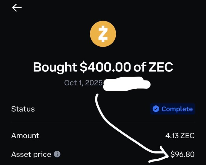 A mobile app confirmation screen showing a completed ZEC purchase for $400.00 on Oct 1, 2025, with 4.13 ZEC acquired at an asset price of $96.80, highlighted by a hand-drawn white arrow.