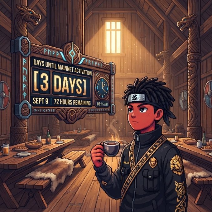 An anime-style illustration depicts a character with dreadlocks and a headband holding a cup, standing in a Viking-themed hall with wooden tables. A sign reads '[3 DAYS]', 'SEPT 9 | 72 HOURS REMAINING', and '08:15 AM'.