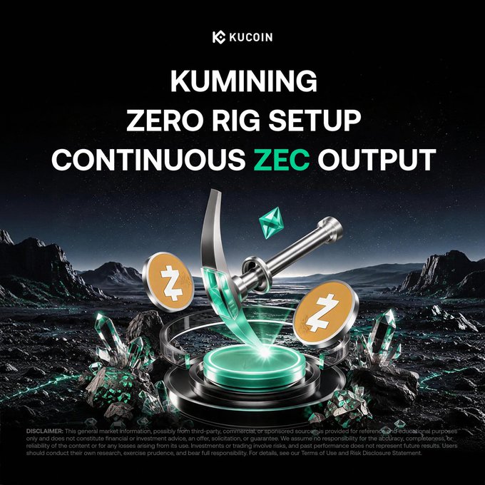 The image is a KuCoin KuMining promotional graphic featuring a pickaxe striking a glowing platform that releases Zcash (ZEC) tokens, set against a dark, crystalline mining landscape, with the headline "KUMINING ZERO RIG SETUP CONTINUOUS ZEC OUTPUT" highlighting the hassle-free, hardware-free cloud mining service for accumulating ZEC within the KuCoin ecosystem.