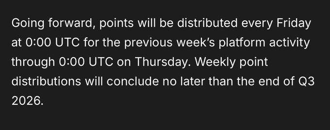 The image displays a text announcement stating: "Going forward, points will be distributed every Friday at 0:00 UTC for the previous week's platform activity through 0:00 UTC on Thursday. Weekly point distributions will conclude no later than the end of Q3 2026." This announcement appears to detail the reward distribution schedule for Variational's platform, complementing the post's recognition of the team surpassing their goal of listing 100 traditional finance markets by also listing the 101st and continuing to expand the platform, which now features a structured weekly incentive system running through Q3 2026.