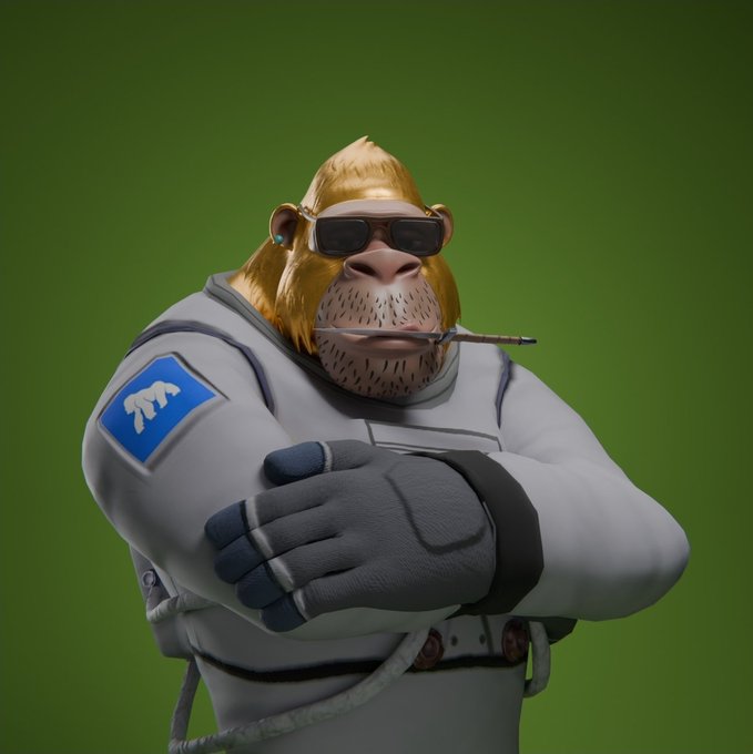 A 3D-rendered character of a golden-furred monkey wearing black sunglasses, a headset, and a gray tactical suit with a blue bear patch, standing with crossed arms against a solid green background.