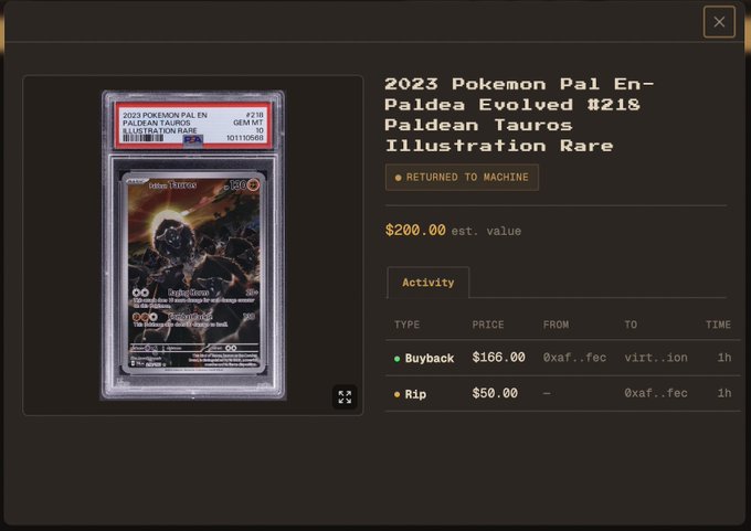 A PSA-graded 2023 Pokemon Paldea Evolved #218 Paldean Tauros Illustration Rare card, estimated value $200.00, returned to machine.