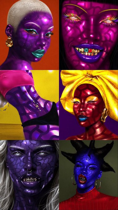 A collage of six surreal digital portraits features various subjects with vibrant purple, blue, and red skin tones, each displaying elaborate metallic gold grills on their teeth and dramatic, otherworldly makeup or horned features.