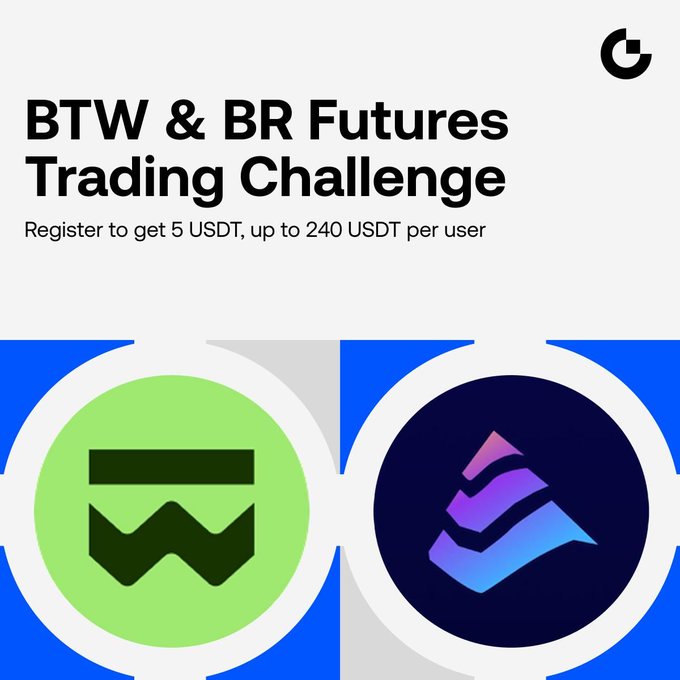 A promotional graphic announces a "BTW & BR Futures Trading Challenge" offering 5 USDT for registration and up to 240 USDT per user, featuring the BTW (green) and BR (purple/blue wave) cryptocurrency icons alongside a logo for the hosting platform.