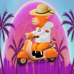 A cartoon bear wearing a straw hat rides a yellow scooter against a vibrant purple sunset with palm trees, evoking a tropical vacation vibe that complements the playful Niulai Maxxing NFT collection featured in the post.