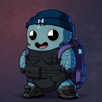 A cartoon-style illustration of a cute blue turtle character wearing a beanie with an "H", a tactical vest, and a backpack, with "06 g" on the strap.