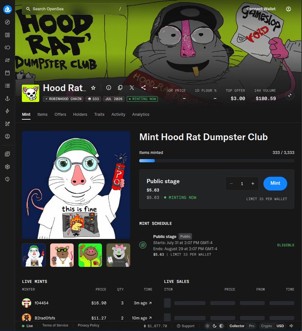 A screenshot of the OpenSea NFT collection page for "Hood Rat Dumpster Club" shows the minting progress at 333/3,333 items minted (10%), with a public stage price of $5.63 (limit 33 per wallet) and live recent mints ranging from $9.63 to $16.90, supporting the post's announcement about reaching the 10% mint milestone.