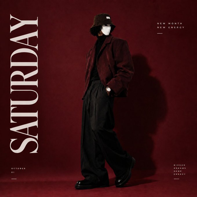 A fashion editorial photo with a 'SATURDAY' graphic, showing a model in a burgundy jacket, black turtleneck, wide-leg pants, bucket hat, and face covering against a dark red background, with text including 'OCTOBER 01' and 'NEW MONTH NEW ENERGY'.
