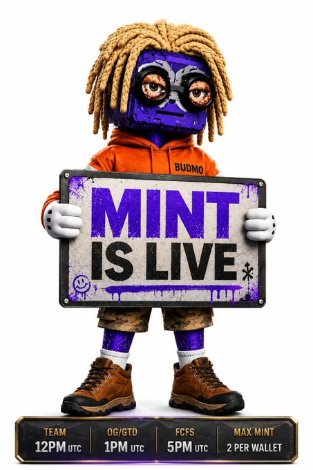 A purple and orange cartoon character with dreadlocks holds a sign reading "BUDMO MINT IS LIVE," while a banner below details minting info: TEAM at 12PM UTC, OG/GTD at 1PM UTC, FCFS at 5PM UTC, with a max of 2 per wallet—matching the BUDMO NFT mint announcement featuring 2,026 NFTs at 0.0035 ETH.