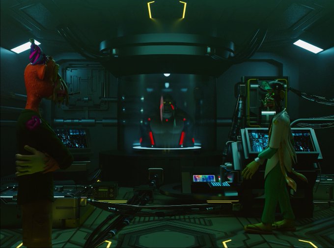 Two anthropomorphic characters—one resembling a bird and another a dog in a lab coat—stand in a dimly lit, sci-fi laboratory looking at a glowing red and black object in a glass containment chamber.
