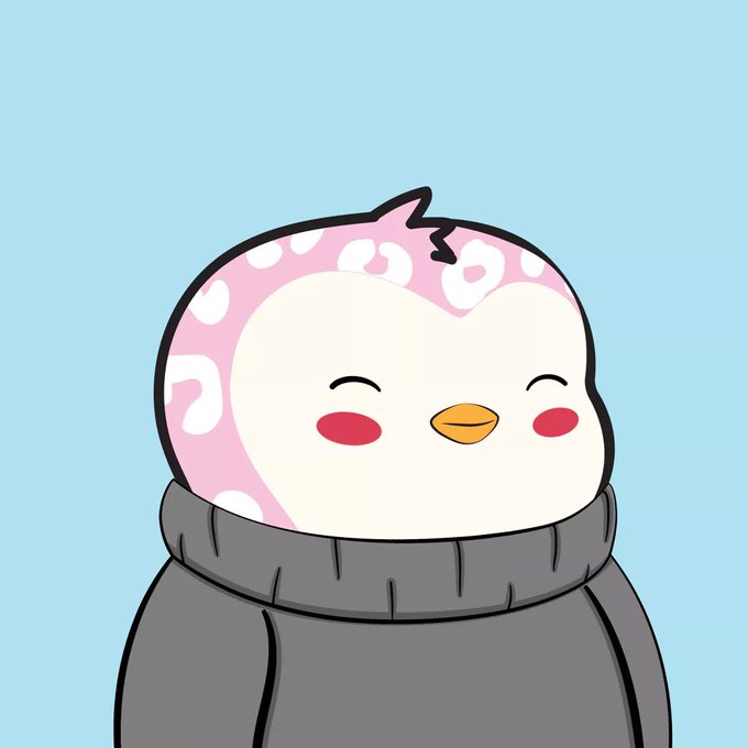 A cute cartoon illustration of a baby penguin with a pink and white spotted head, blushing cheeks, and closed, smiling eyes, wearing a gray turtleneck sweater against a light blue background.