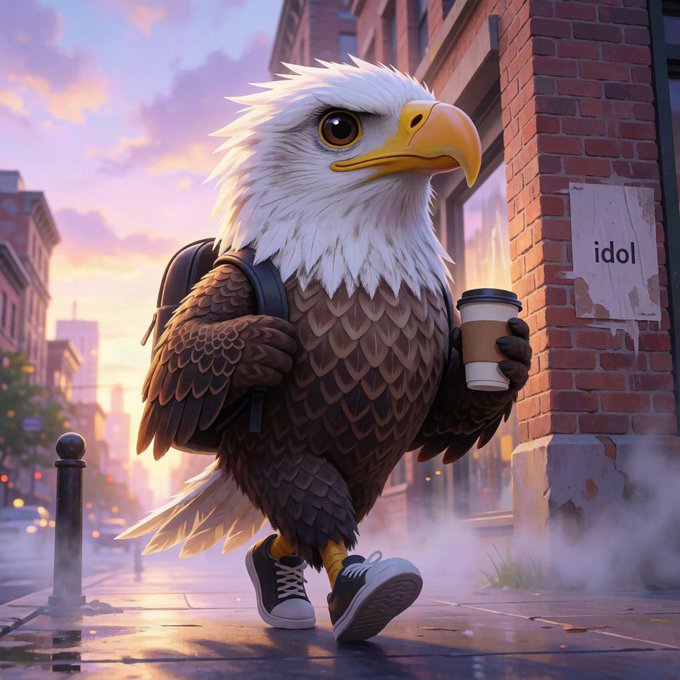 A digital illustration of an anthropomorphic bald eagle wearing sneakers, a backpack, and holding a coffee cup, standing on a city sidewalk near a brick building with a poster reading 'idol'.