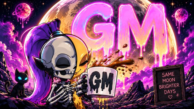 A vibrant digital illustration shows a skeletal anime character with purple hair holding a 'GM' sign, set against a cosmic background with a chalkboard reading 'SAME MOON BRIGHTER DAYS ♥'.