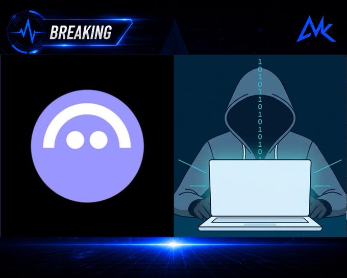 A breaking news graphic showing a purple robot/hacker icon on the left and an illustration of a hooded figure with binary code using a laptop on the right, with a 'BREAKING' banner.