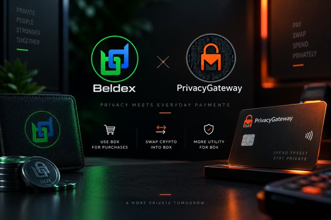 A promotional banner for a collaboration between Beldex and PrivacyGateway featuring their logos, cryptocurrency coins, and credit cards with text 'PRIVACY MEETS EVERYDAY PAYMENTS' and 'A MORE PRIVATE TOMMOROW'.
