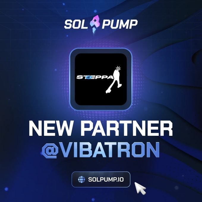 Promotional graphic announcing a new partnership between SOLPUMP and @VIBATRON, featuring the Steppa logo and the website solpump.io.