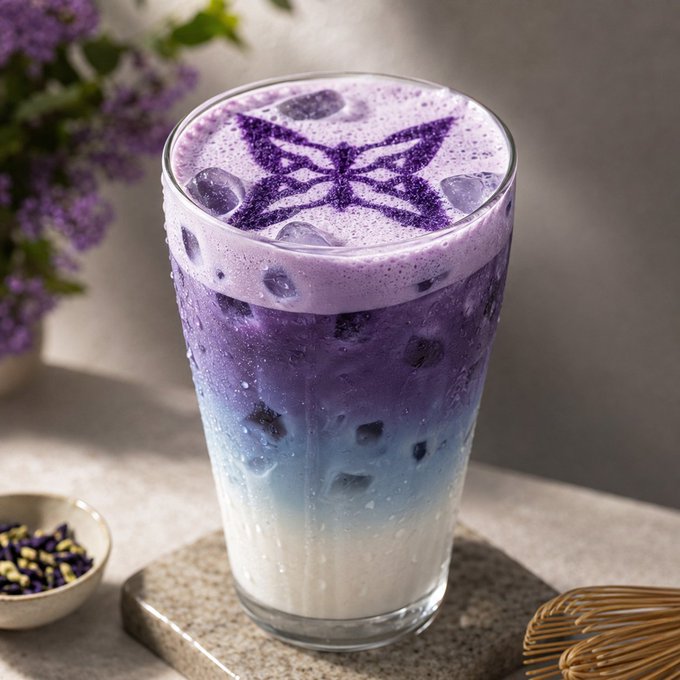 A tall glass filled with a layered purple and blue iced beverage, topped with foam featuring a butterfly design made from purple powder, sits on a stone coaster.