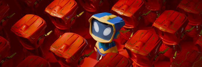 A small blue and yellow hooded robot character standing among a sea of red blocky robot figures.