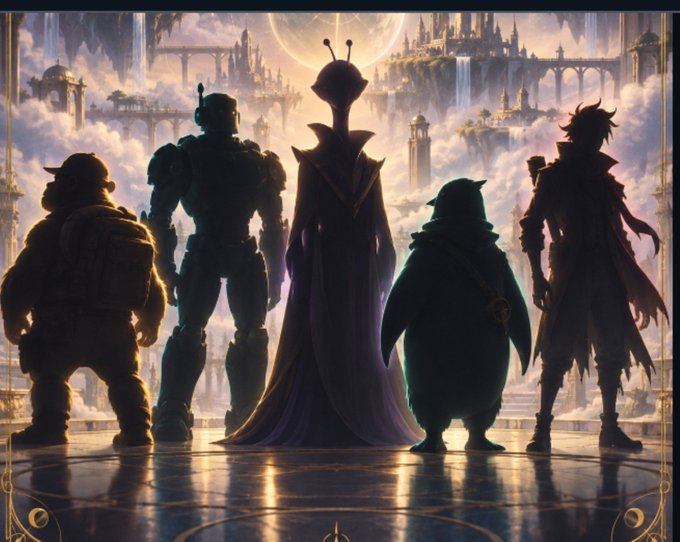 Five silhouetted characters, including a knight, an alien queen, a penguin, and a swordsman, stand on a circular platform looking out over a breathtaking fantasy landscape with floating castles and waterfalls.