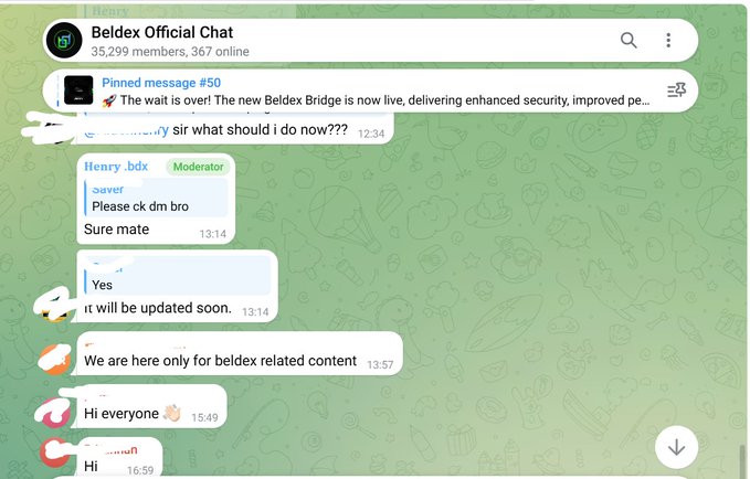 A screenshot of the 'Beldex Official Chat' Telegram group with 35,299 members, showing a pinned message about the new Beldex Bridge going live with enhanced security, along with various user messages in the chat.