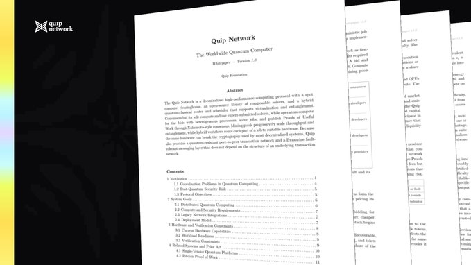 A document titled 'Quip Network: The Worldwide Quantum Computer' by Whitespec, displaying an abstract and table of contents for a whitepaper.