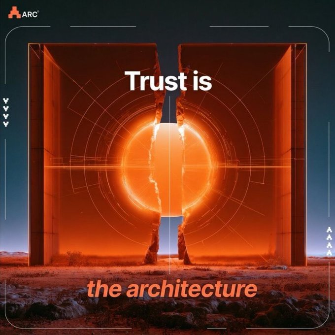 A digital artwork with the text 'Trust is the architecture' overlaid on an orange portal-like structure with a glowing sun.