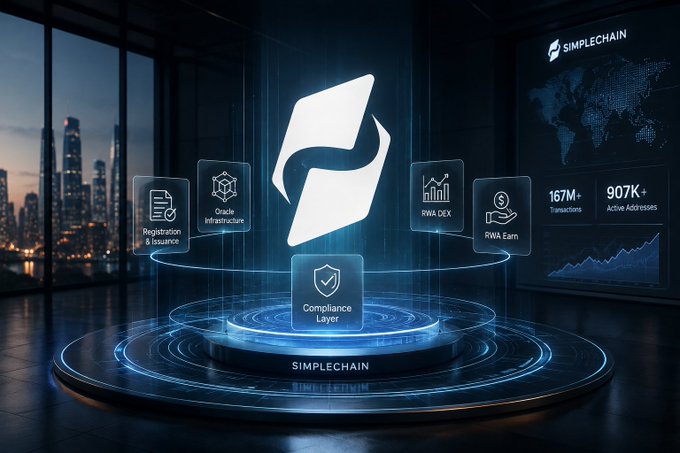 A futuristic promotional graphic for Simplechain, displaying a glowing white logo and floating tech icons representing features like Oracle Infrastructure, RWA DEX, and Compliance Layer, with metrics showing 167M+ Transactions and 907K+ Active Addresses.