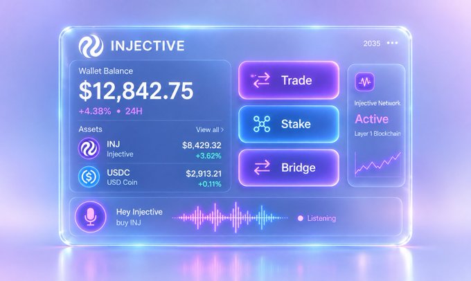 A digital dashboard for Injective cryptocurrency showing a wallet balance of $12,842.75 (+4.38% in 24H), with options to Trade, Stake, and Bridge, displaying INJ and USDC assets.