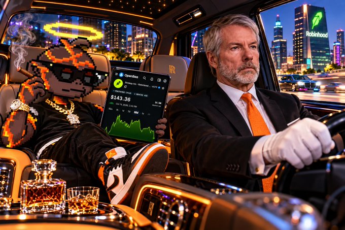 A suited driver with white gloves steers a luxury car at night, while a pixel-art character with a halo sits beside him holding a tablet displaying a $143.36 Robinhood chart, with a whiskey bottle nearby.