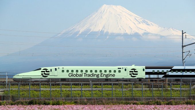 iced green bullet train, labeled "Global Trading Engine," moves through a mountainous landscape with a clear blue sky and snow-capped mountain range.