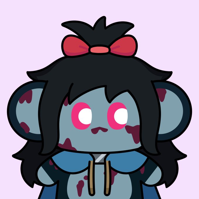 A chibi-style cartoon illustration of a pale blue character with dark messy hair tied with a red bow, large pink eyes, dark red markings on their face and body, and wearing a blue top, set against a light purple background.
