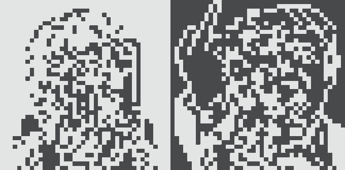 Two side-by-side pixelated black-and-white images showing abstract patterns or stylized faces, with no discernible text.