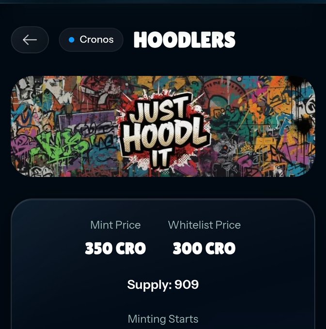 A NFT minting page for "HOODLERS" by Cronos, featuring graffiti-style artwork with "JUST HOODL IT" text, showing a Mint Price of 350 CRO and Whitelist Price of 300 CRO with Supply: 909.