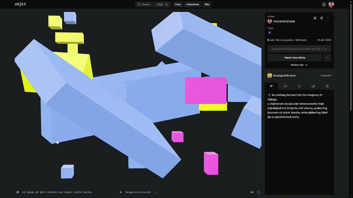 The image shows a computer screen with an open webpage that displays a 3D rendering of various shapes, including cubes and rectangles, rendered in different colors such as blue, pink, yellow, and purple. The webpage has a black background, which contrasts with the colorful shapes displayed on it. The post is titled "The glb" and includes a link to an image or video that may be related to the 3D rendering of shapes.