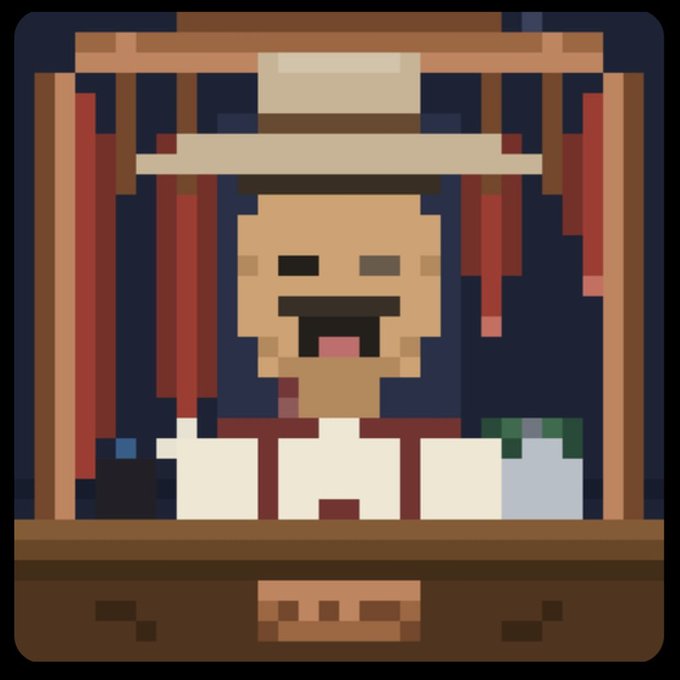 Pixel art depicting a man with a mustache and white hat behind a market stall with hanging red items.