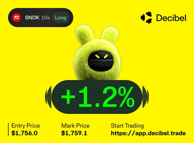 In this post, a small yellow rabbit with green eyes and ears serves as the main visual element surrounding text that describes various trading strategies for equities. The text includes terms such as "Long" (with a rabbit), "Short" (with a bear), "Start Trading", "Mark Price", "Start Trading with $1,2% APR", "Bulk Trade", and "Decibels". The rabbit appears to be holding up the text, drawing attention to the relevant details.