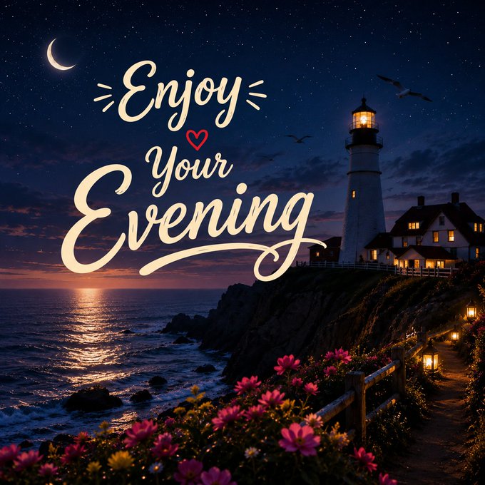 A scenic nighttime coastal image features a lighthouse and cottage under a starry sky with a crescent moon, overlaid with the text "Enjoy Your Evening" and a small heart, with flowers in the foreground.