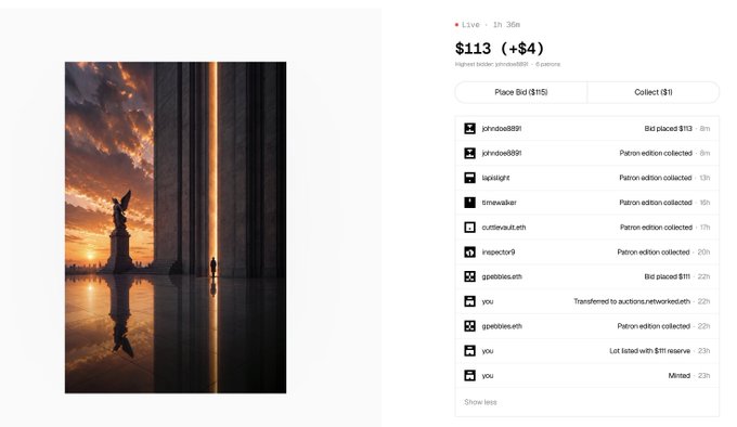 The image shows an NFT auction page for "A Doorway to Eternity" by gulyildiz on networked.art, with a live bid of $113 (+$4) and a highest bid of $113 placed by johndoe8891, along with a recent activity log showing bids and edition collections from users like timewalker, outlimecultan, and inspector9. The dramatic artwork depicts silhouetted figures standing before a towering, light-filled gateway that opens to a vibrant sunset, fitting the post's gratitude to top bidders johndoe8891 and gpebbles during the final hour of the auction.
