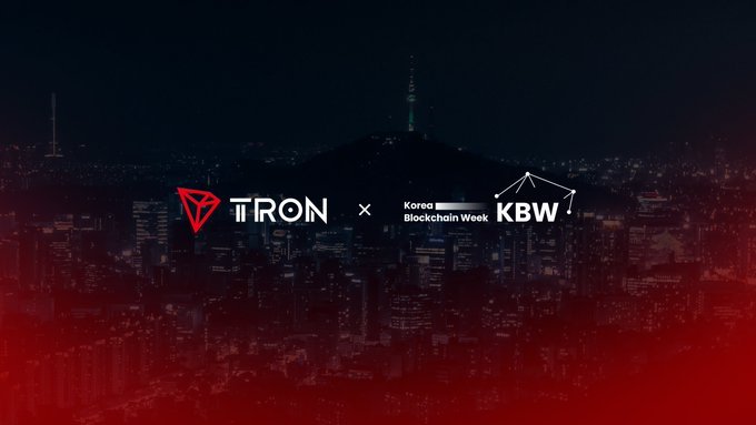 A promotional graphic shows a partnership between TRON and Korea Blockchain Week (KBW) set against a nighttime cityscape with red gradient overlay.
