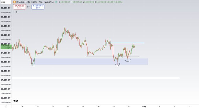 A Bitcoin (BTC/USD) 1-hour Coinbase chart showing price at $64,796.04, having rallied from a higher low formed near $63,000 in the demand zone (highlighted in blue) to now test the nPOC around $65,000, with a horizontal resistance line marking large sell orders overhead where a potential short entry is anticipated.