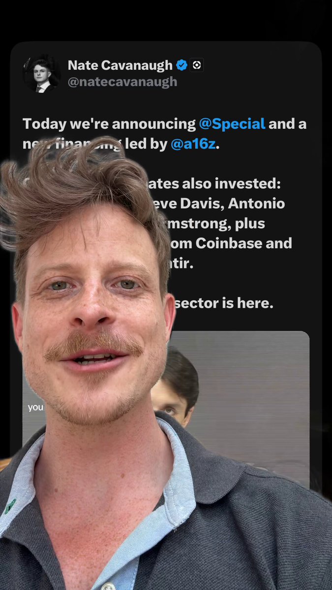 The image features a man wearing a gray shirt who has his face displayed on Twitter. The caption of the image reads "Make it big while serving your country? Big close led by @a16z". This suggests that the man's account is related to an event or promotion involving government efficiency and technology, possibly related to the "@Special OS" project.