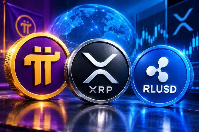 A stylized digital rendering displays three prominent cryptocurrency coins—Pi Network's golden Pi symbol, the silver and black XRP Ripple coin, and a blue Ripple RLUSD token—arranged against a glowing blue globe and trading chart backdrop, visually representing the growing narrative around Pi Network and Ripple's expanding ecosystem including the new RLUSD stablecoin.